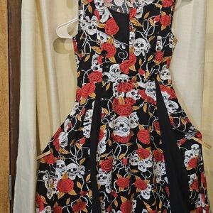 Floral Skull Print Dress - Black and Red